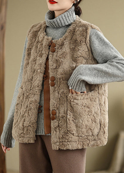 Khaki Button Pockets Teddy Faux Fur Waistcoat Sleeveless