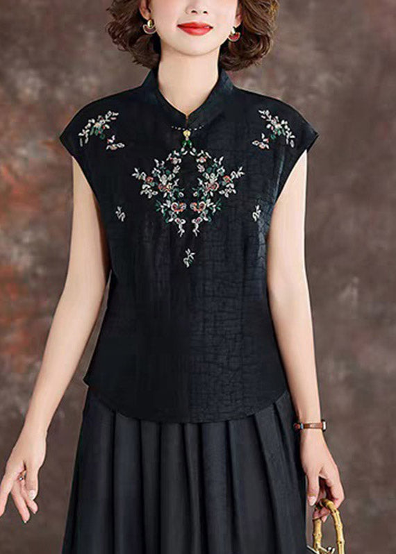 Retro Black Stand Collar Embroidered Silk T Shirt Summer