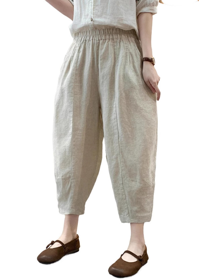 White Elastic Waist Linen Harem Pants Summer