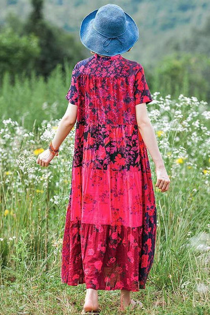 Print Splicing Short Sleeve 100% Cotton Dress