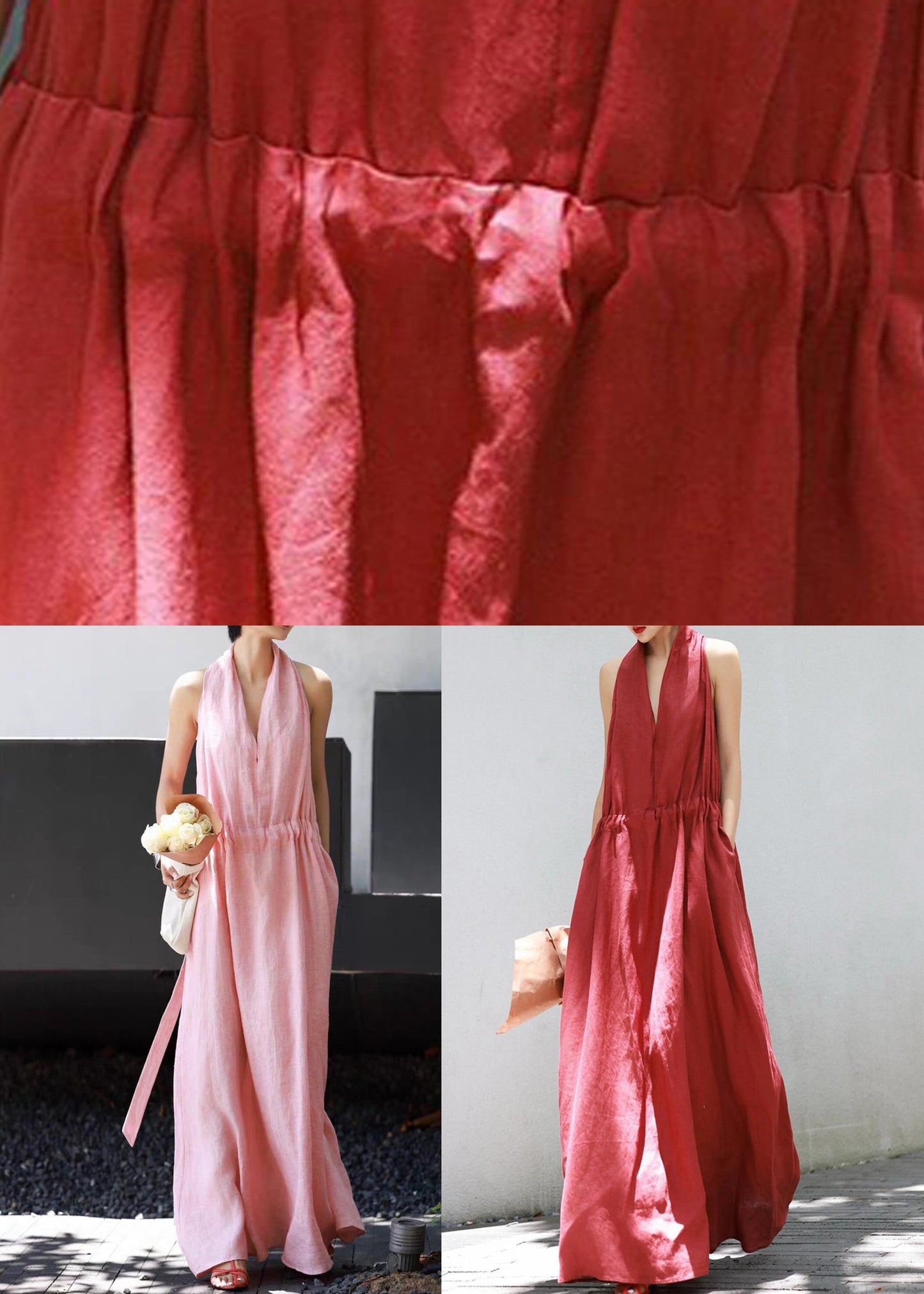Red Lace Up Cotton Long Dress V Neck Summer