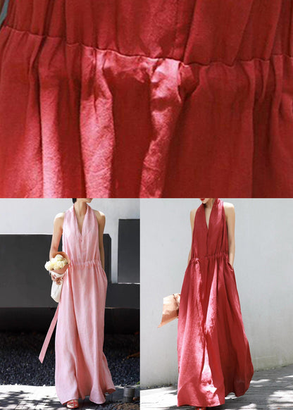 Red Lace Up Cotton Long Dress V Neck Summer