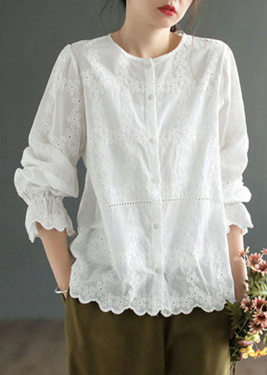 Diy White O Neck Patchwork Embroidered Cotton Blouses Spring