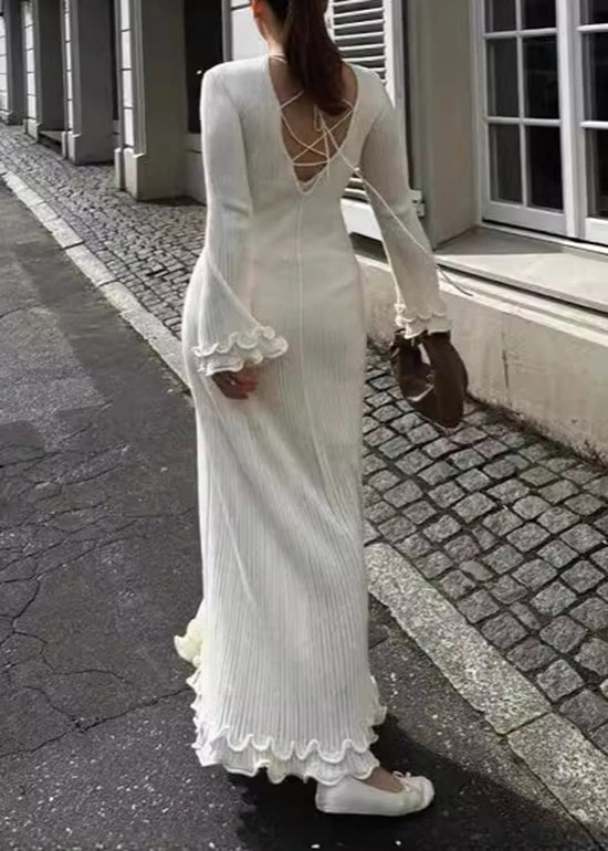 Slim Fit White O-neck Ruffled Patchwork Knit Long Dress Spring
