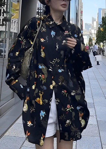 Black Peter Pan Collar Print Button Chiffon Shirt Long Sleeve