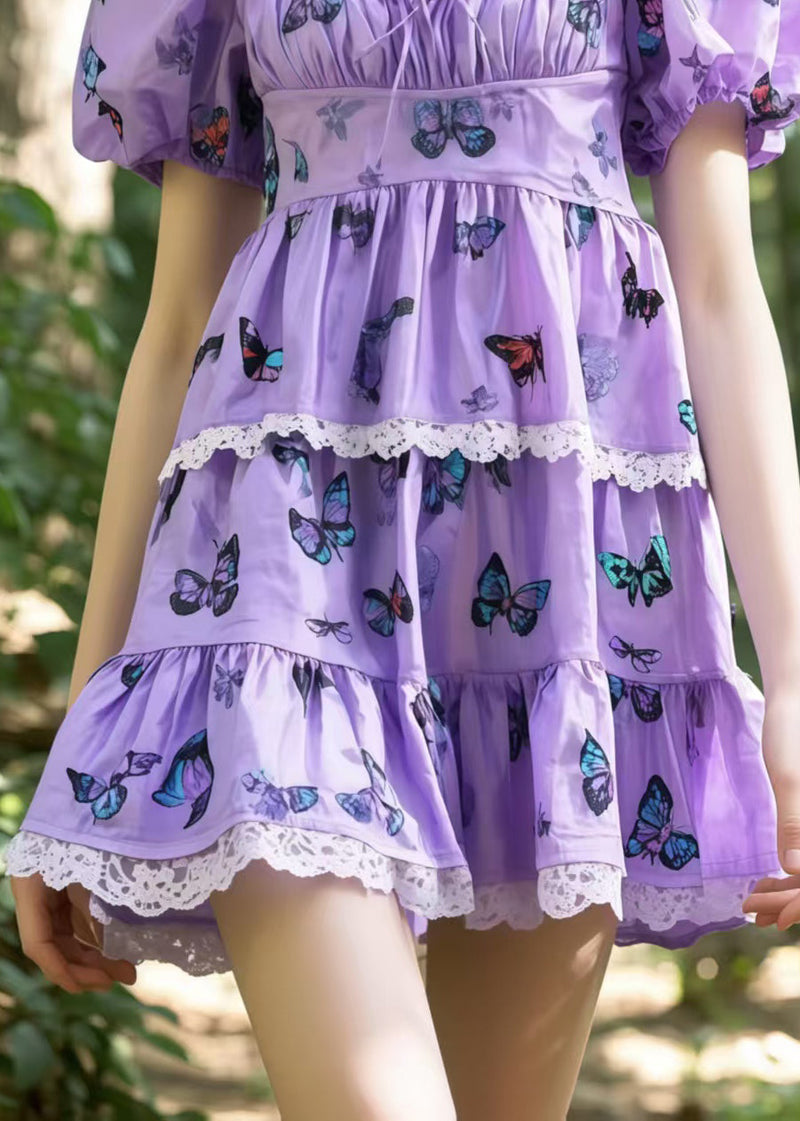 Lavender Square Collar Butterfly Cotton Tea Dress Puff Sleeve