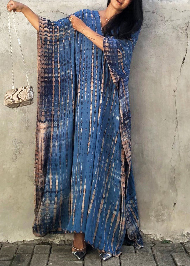 Blue V Neck Tie Dye Cotton Vacation Dresses Summer