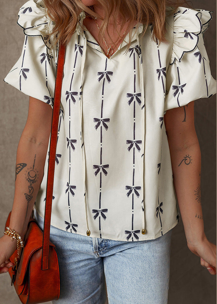 Beige Ruffled Puff Sleeve Print Chiffon Shirt Tops