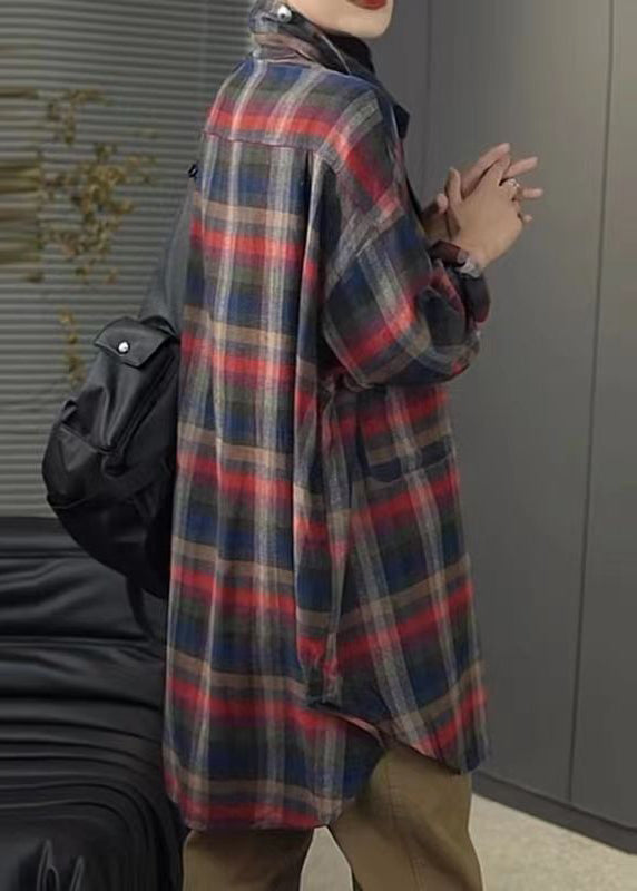 Peter Pan Collar Plaid Pockets Cotton Shirt Tops Fall