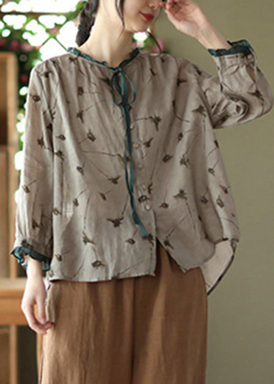 Grey Neck Tie Print Ramie Tops Long Sleeve