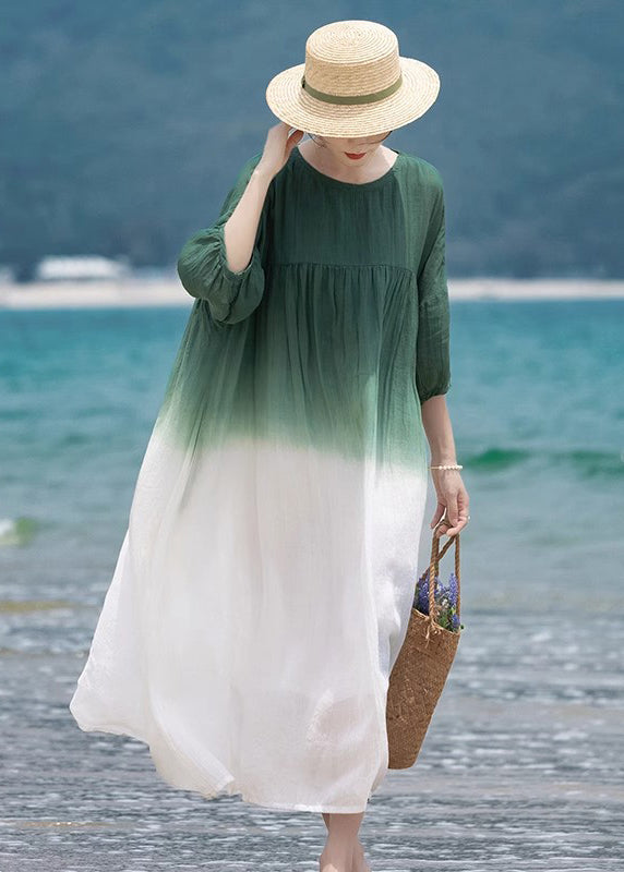 Loose Green O-neck Wrinkled Patchwork Cotton Dress Half Sleeve