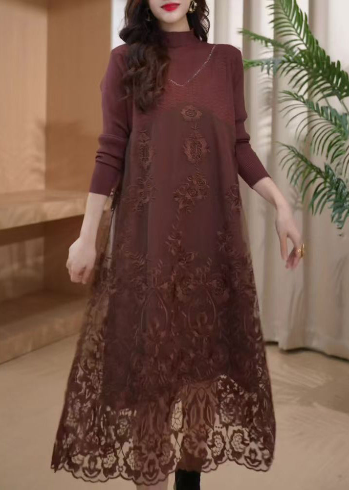 Coffee Embroidered Patchwork Knit Long Dress Winter
