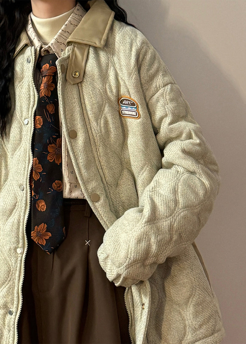 Loose Light Beige Peter Pan Collar Drawstring Faux Leather Patchwork Coat Winter