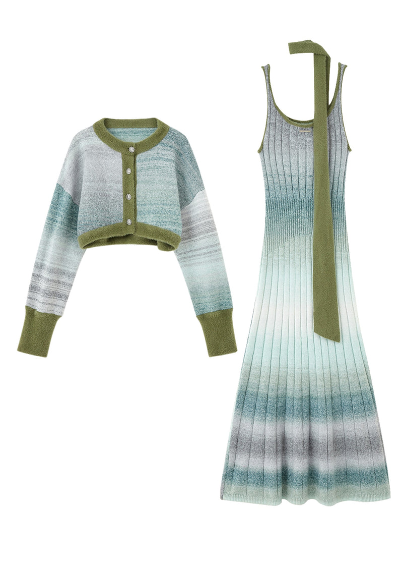 Stylish Green Striped Knit Cardigans and Long Spaghetti Strap Dress Two-piece Set