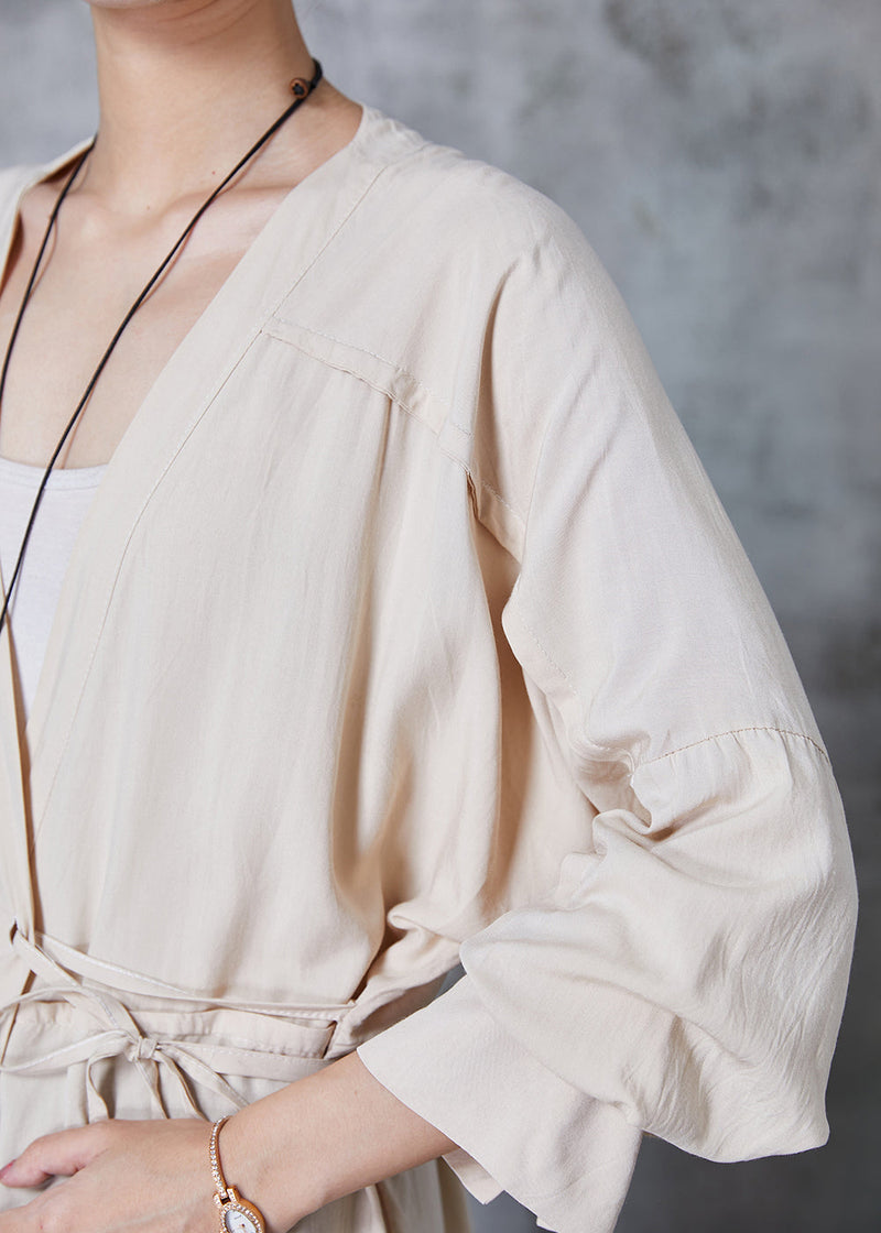 Beige Asymmetrical Tie Waist Cotton Blouse Tops Spring