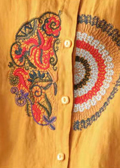 Yellow Button Linen Shirt Tops Stand Collar Long Sleeve