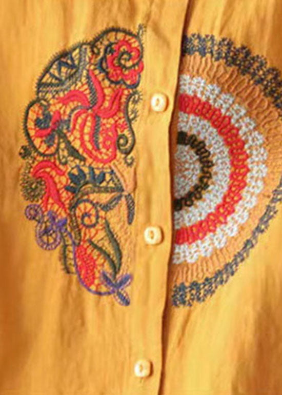 Yellow Button Linen Shirt Tops Stand Collar Long Sleeve