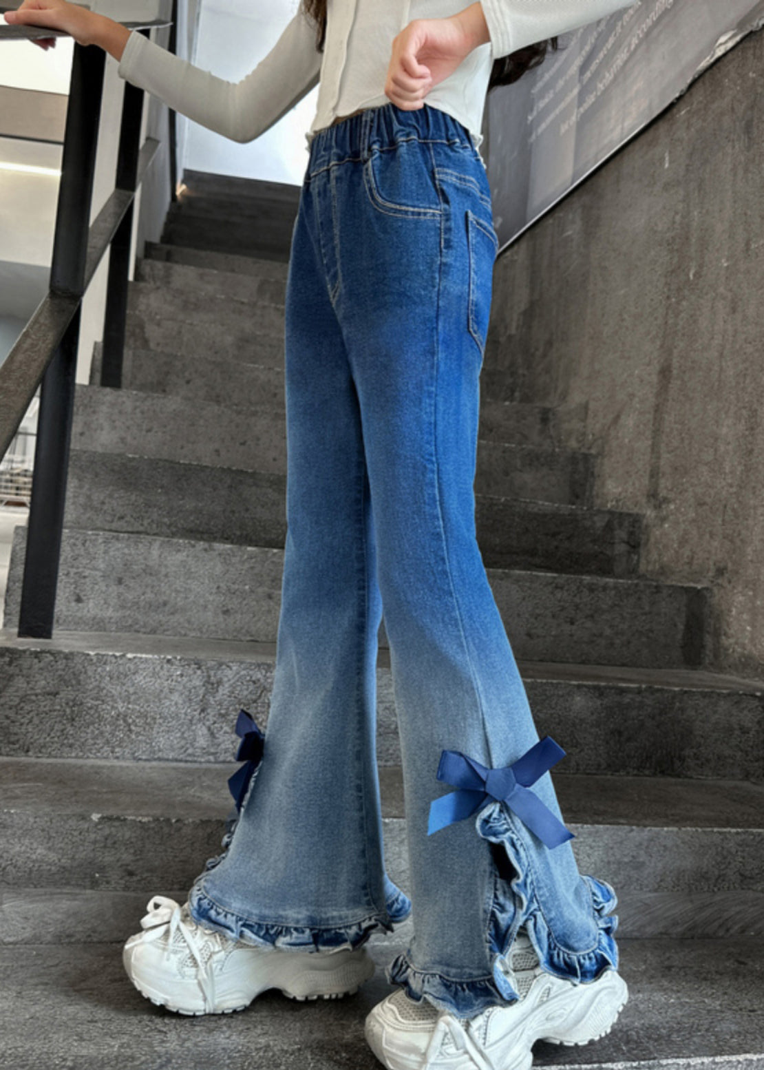 Gradient Color Ruffled Side Open Bell-bottom Trousers Spring