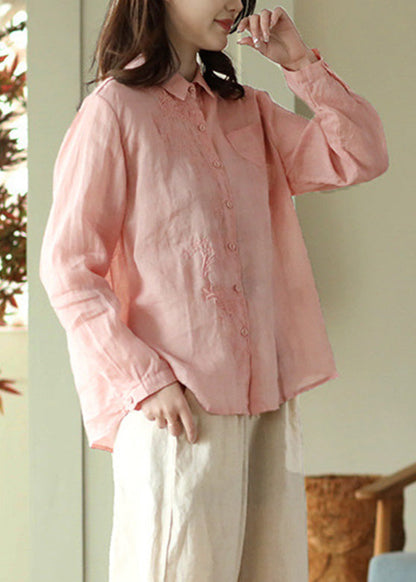 Diy Pink Peter Pan Collar Ramie Shirts Spring