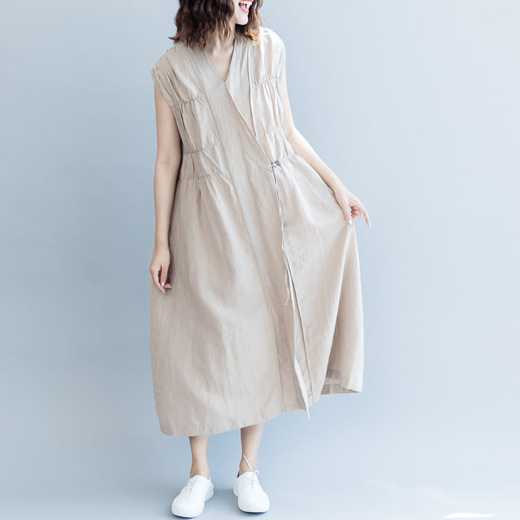 Burgundy Cotton Linen Knee Dress Cotton Linen Clothing Dresses New Sleeveless Cinched V Neck Baggy Dresses