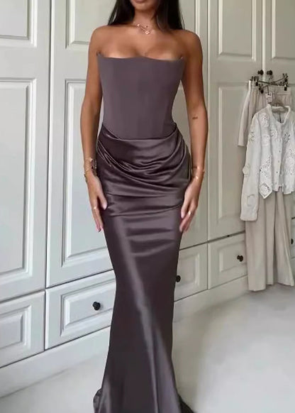 Stylish Brown Cold Shoulder Patchwork Silk Maxi Dress Sleeveless