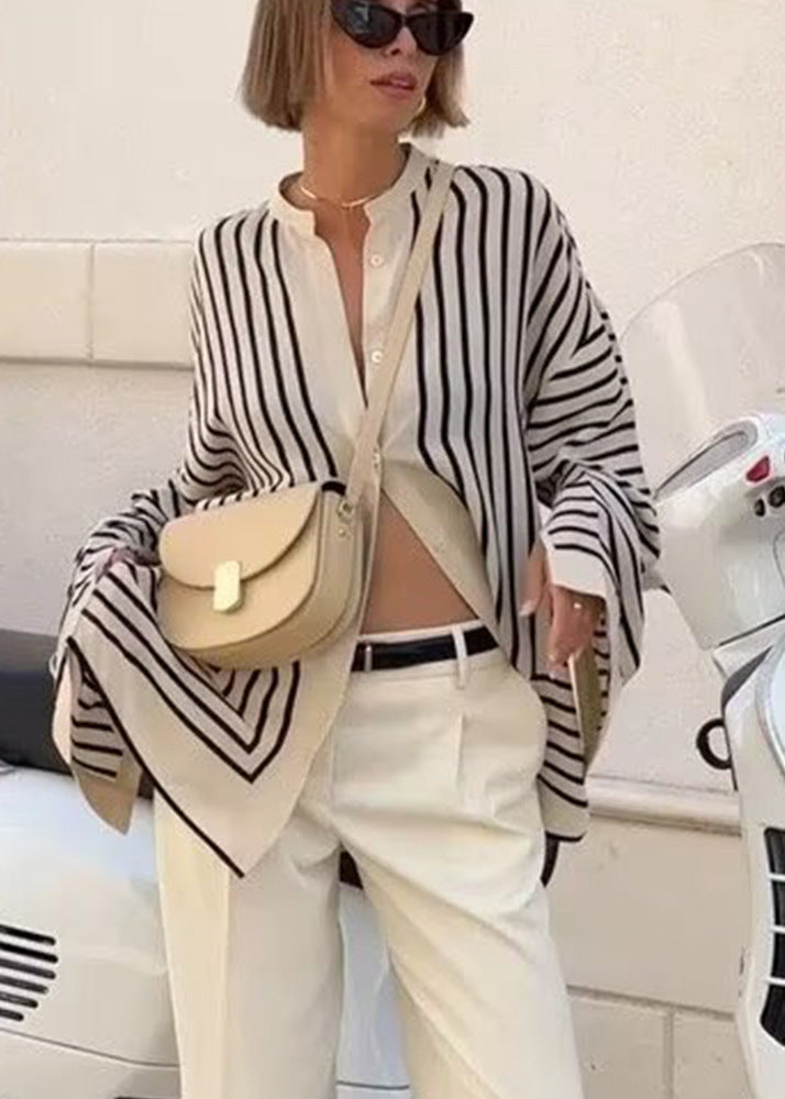 O Neck Striped Chiffon Shirt Tops Spring