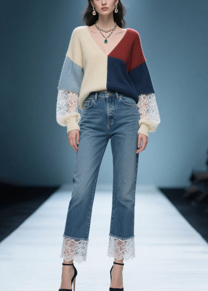 Diy Mixed Color Asymmetrical Patchwork Lace Sweaters Winter
