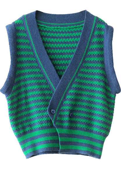 Green Striped Button Fall Knit Sleeveless Waistcoat