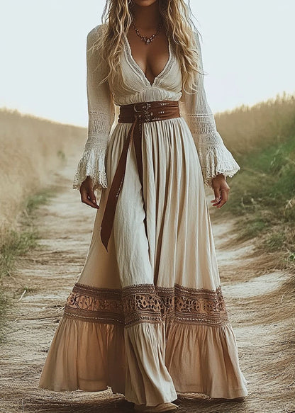 Beige V Neck Patchwork Cotton Long Dresses Flare Sleeve