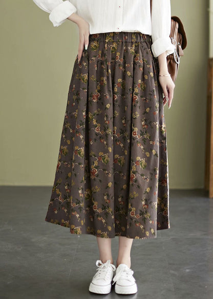 Classy Coffee Elastic Waist Print Cotton a Line Skirt Fall