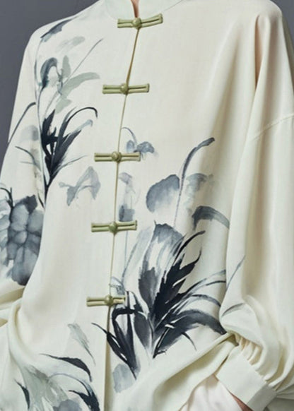 Light Green Stand Collar Print Cotton Shirt Fall