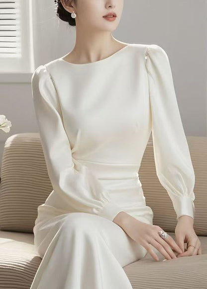 Blue O Neck High Waist Cotton Long Dress Spring