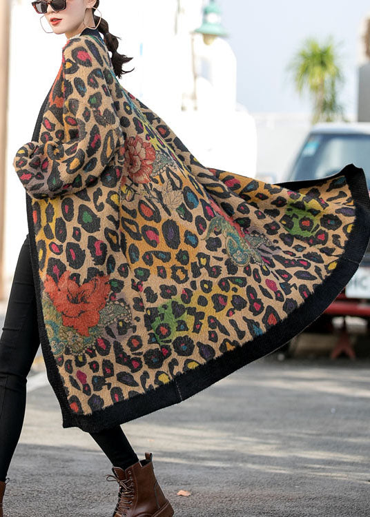 Organic Leopard Loose Print Fall Knit Long Sleeve Cardigan