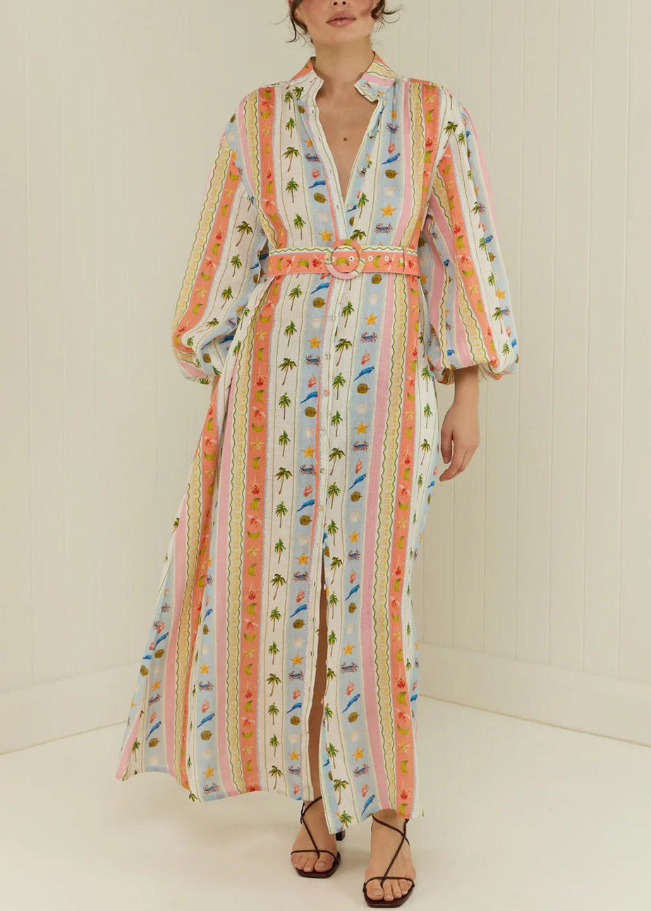 Peter Pan Collar Print Sashes Cotton Dress Long Sleeve