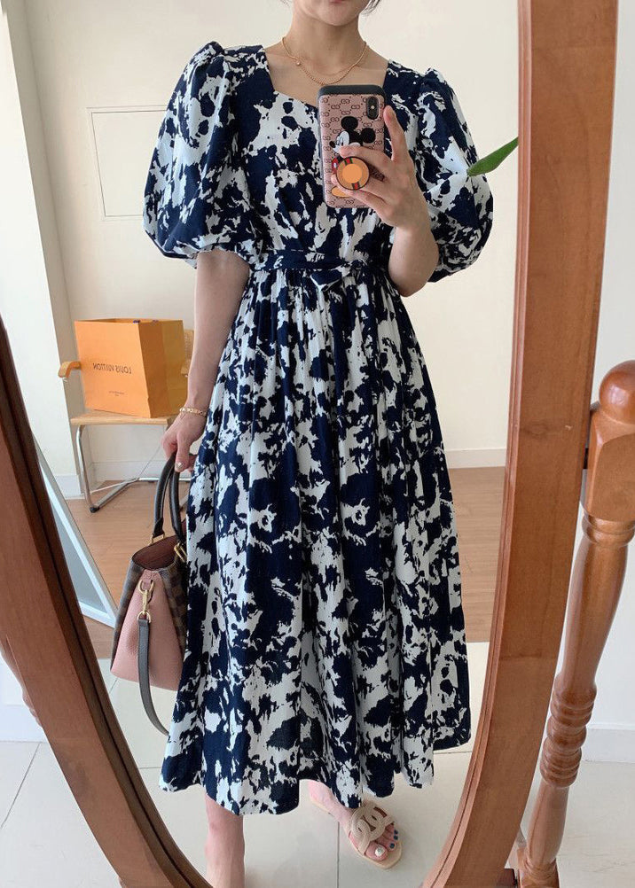 Black Square Collar Print Cotton Long Dress Summer