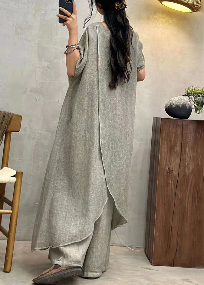 Art Grey Asymmetrical Patchwork Cotton Top Short Sleeve