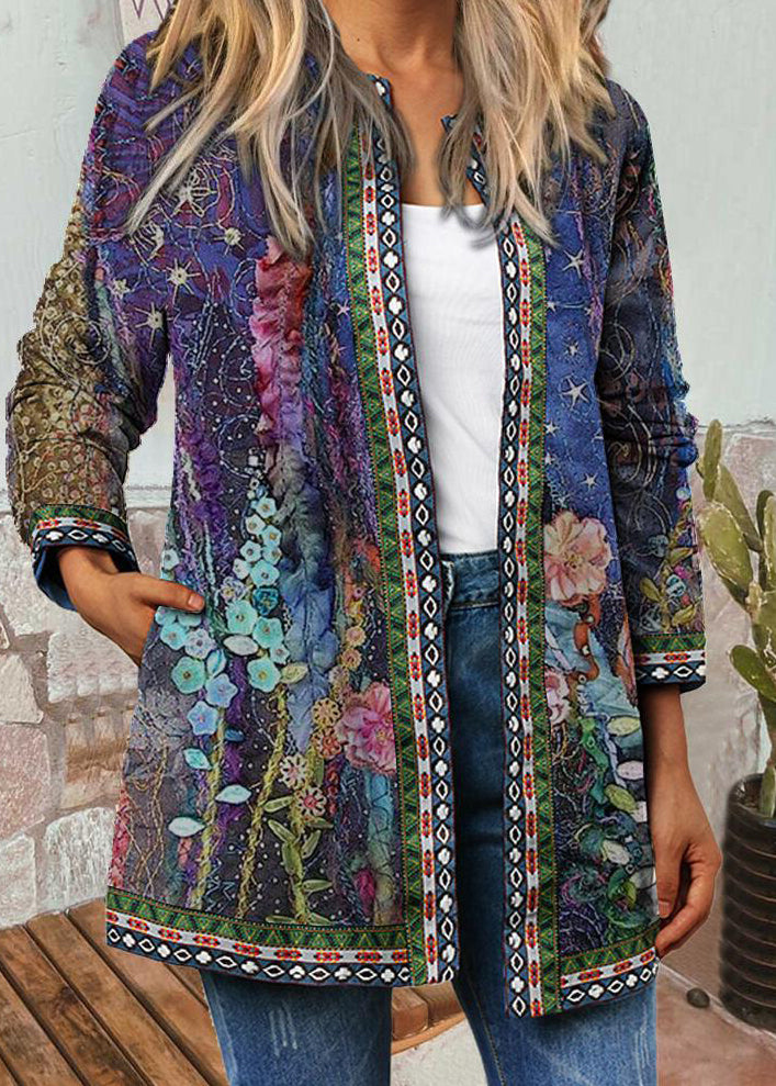 O-neck Print Pockets Woolen Cardigans Fall