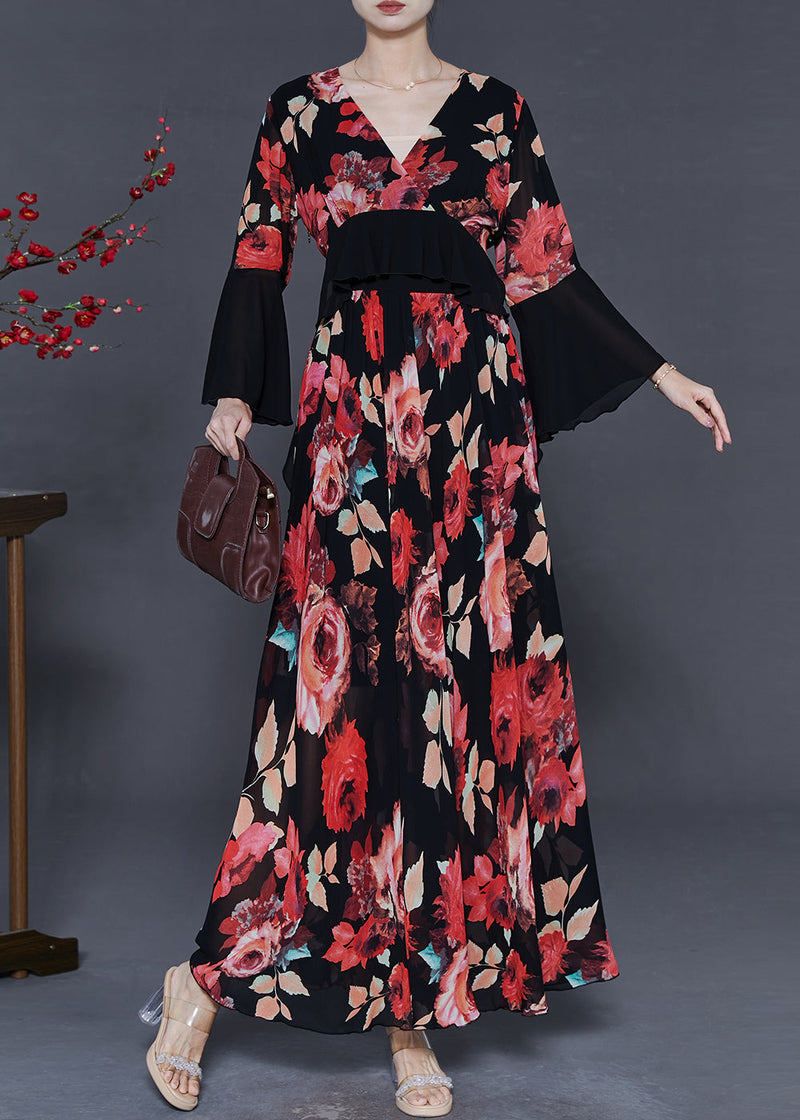 Red Patchwork Chiffon Maxi Dresses Fall