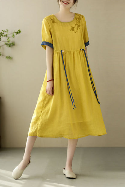 Summer Yellow Linen Embroidered Dress Short Sleeve Loose Dress