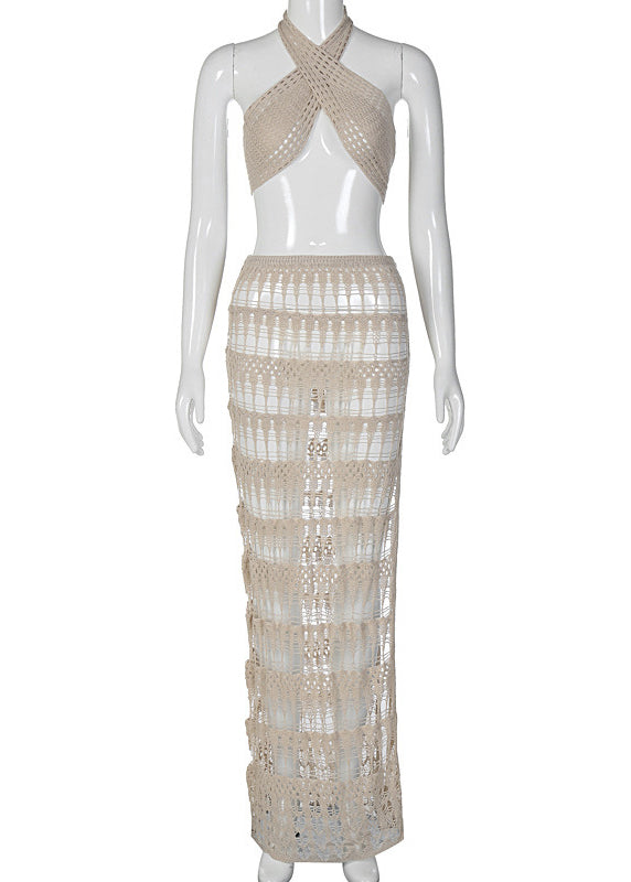 Apricot V-neck Hollow Out Sheer Knit Lingerie Top and Maxi Skirts Swimwear Two Pieces Set