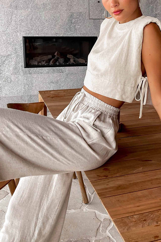 Linen Crop Tops Sleeveless Lace Up Pant Set