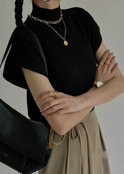 Classy Black Hign Neck Knit T Shirt Top Summer