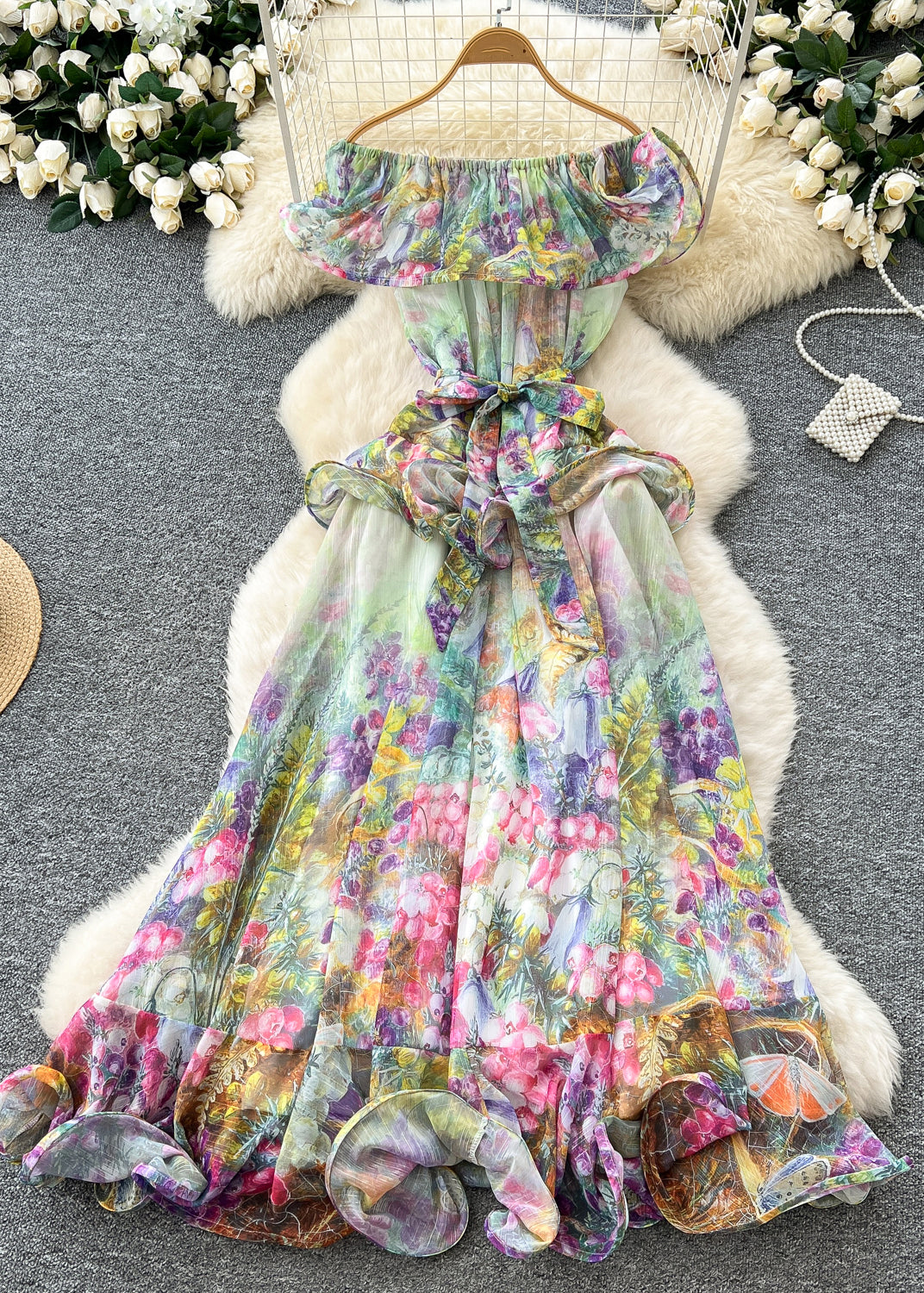 Green Slash Neck Print Chiffon Holiday Dress Summer