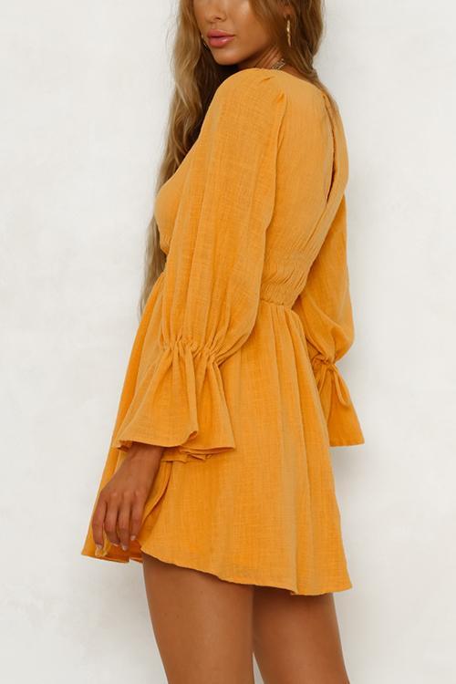 Cotton and Linen Elastic Waist Flared Sleeve Dress