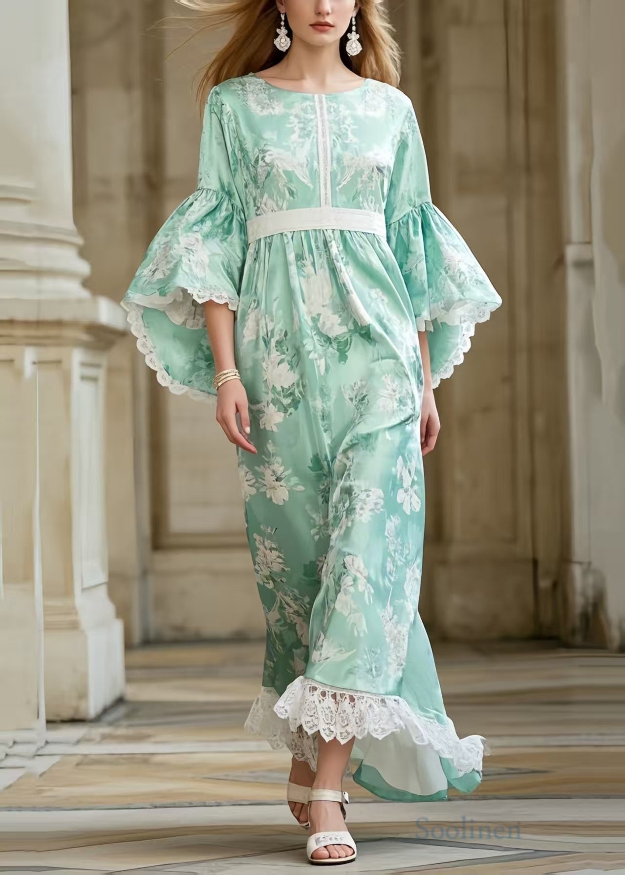 Light Green Print Tunic Patchwork Lace Party Dress Flare Sleeve