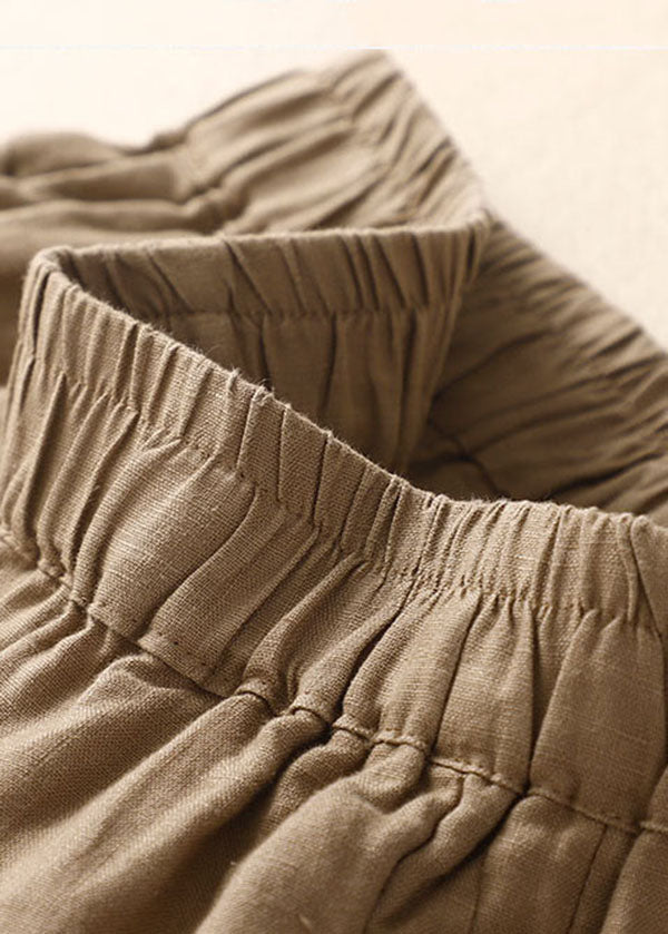Simple Khaki Elastic Waist Oriental Button Color Linen Harem Pants Trousers Summer