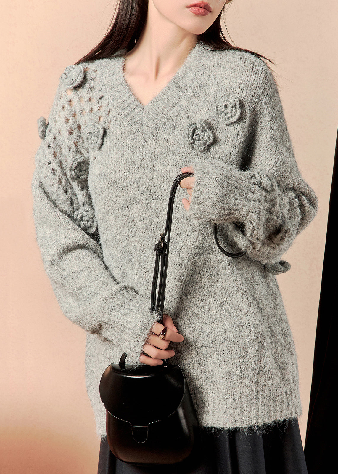 Grey V Neck Hollow Out Knit Sweater Winter
