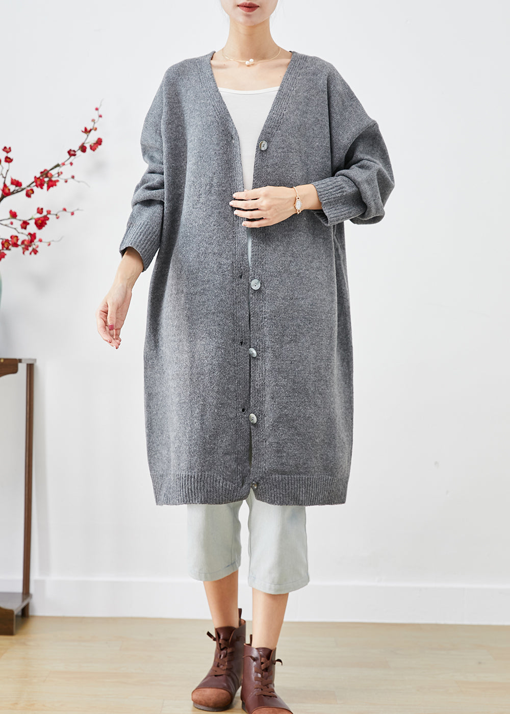 Grey Oversized Cozy Knit Cardigan Spring