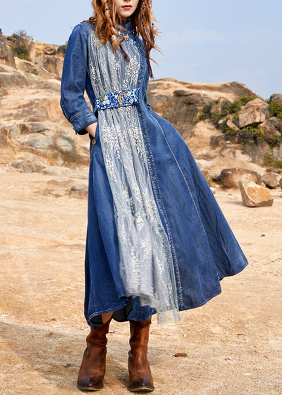 Blue Turtleneck Asymmetrical Tulle Patchwork Long Denim Dress Spring