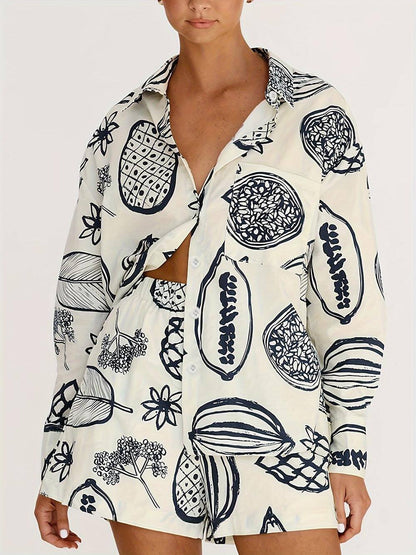 Fruit Print Summer Loose Shirt Shorts Set